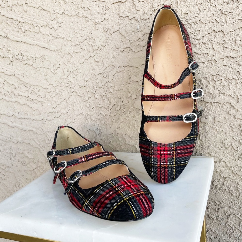 J. CREW NWOT Festive Tartan Plaid Christmas Rhinestone Buckle Mary Jane Flats 7